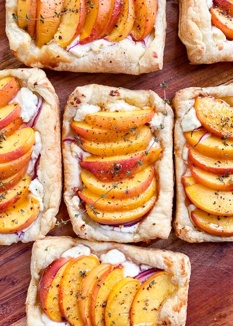 Peaches And Cheese, Honey Goat Cheese Recipes, Peaches And Goat Cheese, Peach And Goat Cheese, Peaches And Goat Cheese Appetizer, Peaches Goat Cheese, Summer Squash Tart With Goat Cheese, Goat Cheese Peach, Goat Cheese And Honey