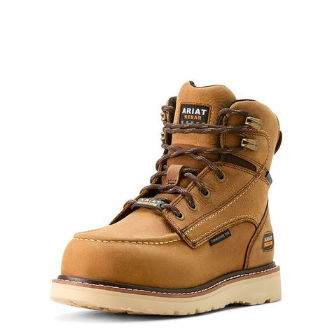 Women's Rebar Wedge Moc Toe Waterproof Composite Work Boots in Full-grain leather. 50% rec Ariat Work Boots Women's, Women’s Work Boots, Work Boots For Women Outfits, Pendleton Boots, Boots For Women Outfits, Work Boots Outfit, Work Boots Women, Steel Toe Boots Women, Ariat Work Boots