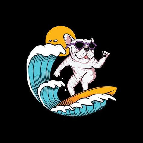 Dog Surfing Drawing, Surfing Cartoon Illustrations, Funny Dogs Drawing, Dog Surfing Illustration, Dog Drawings Simple, Cute Dog Drawing Easy, Animal Surfing, Cute Dog Drawings, Dog Drawing Easy