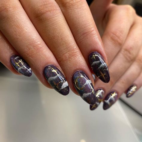 Night Time Nails, Day And Night Nails, Night Inspired Nails, Night Sky Nails, Sky Nail Art, Night Nails, Sky Nails, Night Christmas, Nail Bar