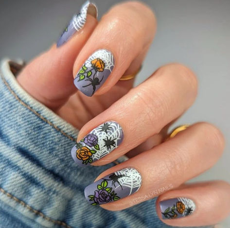 #nailart #stampednails #halloweennails #spiderwebnails #purplepolish #mattenails #nails #nailsofinstagram #nailinspo #nailinspiration #naildesigns #naildesign #gelnails #gelnaildesign #purplenails #festivalnails #nailart #pressonnails #pressonnailsuk #glitterbels Halloween Flower Nails, Purple Spider, Spider Design, Halloween Flowers, Halloween Nail, Diy Nail Art, Halloween Nail Art, Nail Stamping, Matte Nails