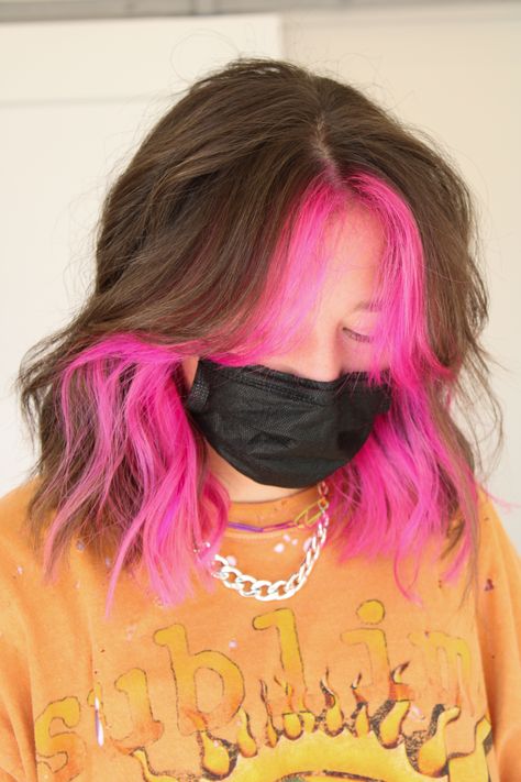 Pink Hair Dye Ideas Brunettes, Brunette With Peekaboo Color, Short Hair With Pop Of Color, Halo Peekaboo Hair, Hot Pink Underdye Hair, Pink Peekaboo Hair Short, Peekaboo Vivid Hair Color, Colorful Halo Hair, Pops Of Vivid Hair Color