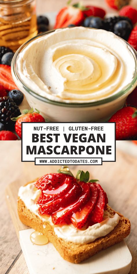 Vegan Mascarpone Vegan Mascarpone, Vegan Cheese Recipes, Vegan Baking Recipes, Dairy Free Cheese, Vegan Sauces, Mascarpone Cheese, God Mat, Vegan Dessert Recipes, Vegan Condiments