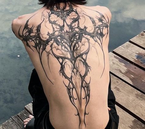 Shatter Tattoo Ideas, Snakes On Back Tattoo, Skeletal Back Tattoo, Large Back Piece Tattoo Women, Back Tattoos Cybersigilism, Scary Back Tattoos, Symmetrical Lower Back Tattoo, Back Tattoos Nature, Cyberciligism Tattoo Back