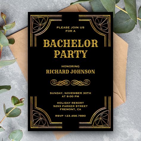 Black Gold Art, Bachelor Party Invitations, Design Black Gold, Gatsby Wedding Theme, Great Gatsby Theme, Triangles Pattern, Gatsby Theme, Great Gatsby Wedding, Bachelor Party Gifts