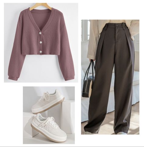 Mauve sweater, dark gray wide-leg pants, and white sneakers Mauve Pants Outfit, Mauve Outfit Ideas, Mauve Pants, Mauve Outfit, Mauve Sweater, Dark Mauve, Casual Outfit Ideas, Dressy Casual Outfits, Loose Pants