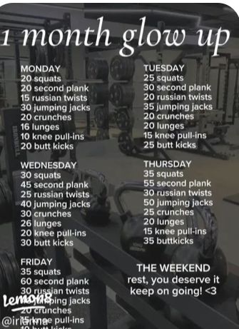 One Month Exercise Plan, 1month Workout Plan, 1 Month Workout Plan At Home, Workout Schedule Monday Through Friday, 1 Month Glow Up Before School, Workouts For Flat Stomach In 1 Month, Day Of The Week Workout, 1 Month Full Body Workout Plan, How To Get Fit In 3 Months