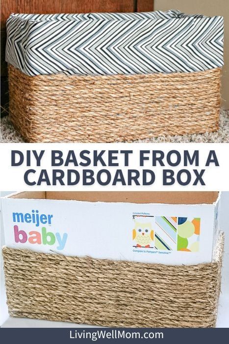 Save money while adding storage to your home by making your own DIY baskets from a cardboard box. This fabric-covered jute rope organizing bin tutorial is super easy and costs less than $5 to make. Cover Cardboard Box Ideas, Diy Jute Basket Cardboard Boxes, Diy Cardboard Toy Box Storage, Diy Large Storage Basket, Diy Fabric Basket Storage Bins, Cardboard Box Storage Diy, Diy Storage Baskets, Diy Storage Bins, Diy Storage Basket