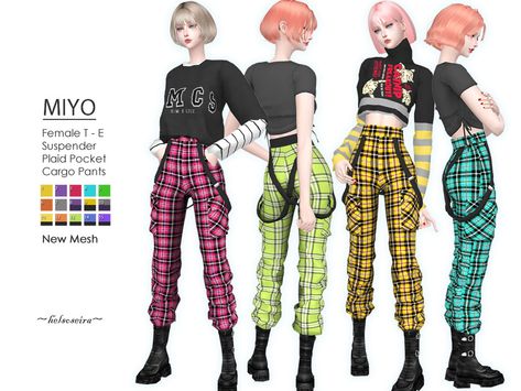 Sims 4 — MIYO -Punk Plaid Cargo Pants by Helsoseira — Style : Suspender, side pockets punk plaid cargo pants Name : MIYO #featuredartist Sims 4 Cc Maxis Match Techwear, Suspenders Sims 4 Cc, Sims 4 Punk Clothes Cc, Cargo Pants Sims 4 Cc, Sims 4 Punk Clothes, Sims 4 Tomboy Clothes, Ts4 Punk Cc, Sims 4 Suspenders, Punk Cc Sims 4