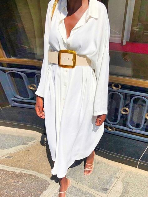 Wedding Guest Dress Oblique Collar Floor-Length Sequins Sleeveless Plain Women's Maxi Dress - Tbdress.com Shirt Dress Outfit, Button Shirt Dress, Chic Shirts, Loose Fit Shirts, White Shirt Dress, Dress Outfit, Long Sleeve Shirt Dress, Button Design, Casual Outfit