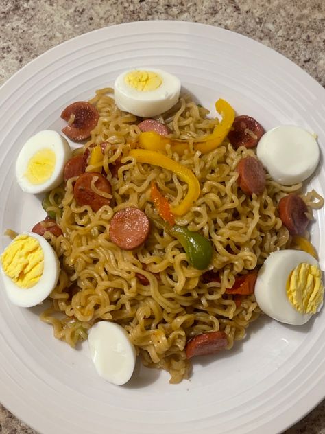 Brunch, noodles, cooking, inspiration, sausages, peppers, yummy Noodles And Eggs Breakfast, Noodles With Soft Boiled Egg, Nigerian Noodles, Nigerian Indomie Recipe, Foods Aesthetics, Nigerian Noodles And Egg, Ramen With Sausage And Egg, Nigerian Foods, Ghana Food