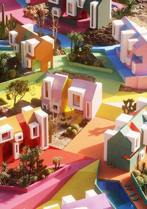 while the houses are situated at random, each corresponds with its own colorful pathway. Arquitectura Wallpaper, Ricardo Bofill, Interior Design Minimalist, Corner Piece, Art Village, Colorful Space, Colourful Buildings, Japanese Sweets, Big Dreams