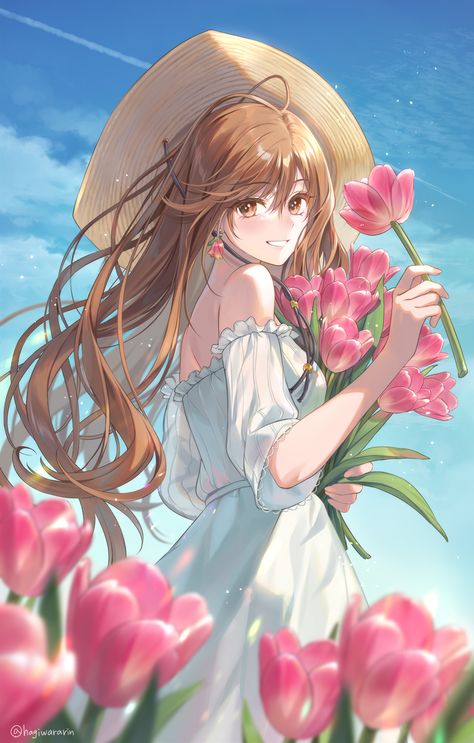 Safebooru - 1girl bare shoulders blue sky blurry blurry foreground bouquet breasts brown eyes brown hair chin strap clouds commentary contrail cowboy shot day dress earrings english commentary floating hair flower flower earrings frilled dress frills from side hagiwara rin hair between eyes hat highres holding holding bouquet holding flower jewelry long hair looking at viewer looking to the side off-shoulder dress off shoulder original outdoors parted lips pink flower short sleeves sky small bre Holding Shoulder Pose, Looking To The Side, Holding Bouquet, Frilled Dress, Floating Hair, Parted Lips, Dress Earrings, Brown Eyes Brown Hair, Giving Flowers