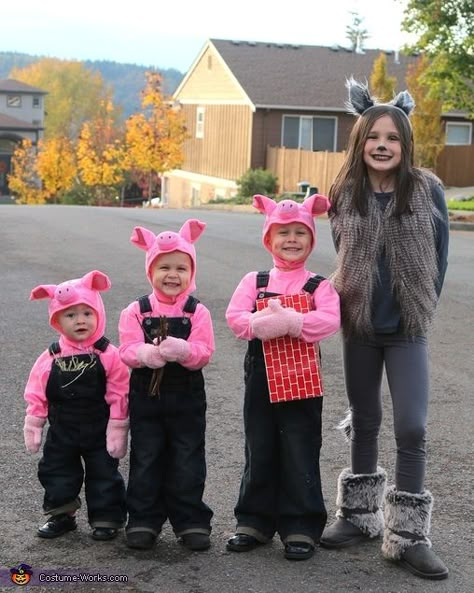 Three Little Pigs and Big Bad Wolf - Halloween Costume Idea for Kids Costume For Family Of 3, Groups Costumes, Pig Costume Diy, Wolf Halloween Costume, Best Group Halloween Costumes, 3 Little Pigs, Pig Costumes, Matching Halloween Costumes, Wolf Costume