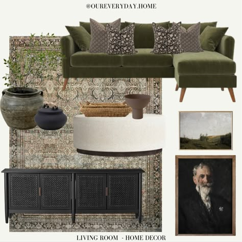 Green Accent Chairs In Living Room, Office With Green Chair, Rug For Green Couch Living Rooms, Rug With Olive Green Couch, Olive Green Grey Living Room, Loloi Layla Olive Charcoal Bedroom, Loloi Rug Living Room, Green Couch Area Rug Ideas, Rug For Olive Green Couch