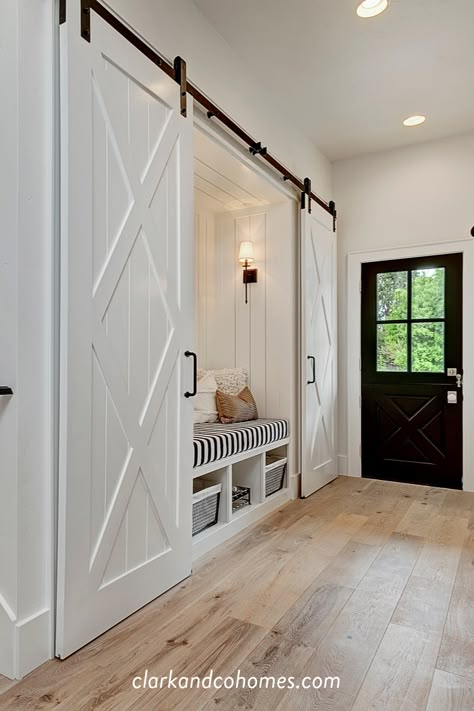 Mudroom Barn Door Closet, Pass Through Mudroom, Mud Room Farmhouse Entryway, Mudroom Sitting Room Combo, Mudroom Living Room Combo, Door Way Ideas, Closet In Living Room, Entrance Closet Ideas, Double Doors Bedroom