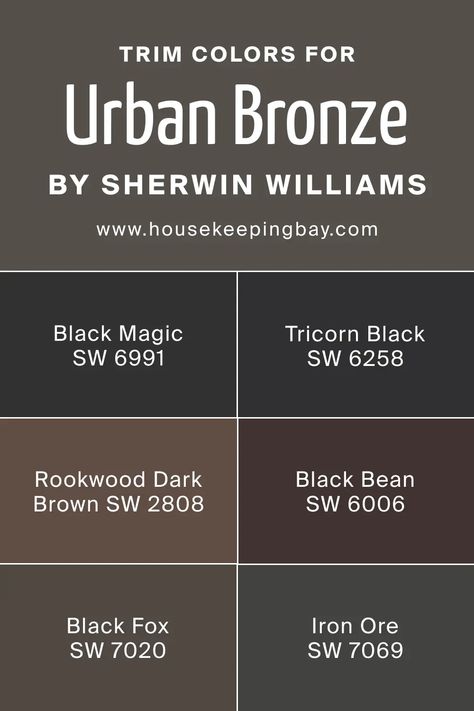 Trim Colors for Urbane Bronze SW 7048 Urban Bronze Sherwin Williams Master Bedrooms, Urbane Bronze Complementary Colors, Urbane Bronze Basement, Sherwin Williams Bronze Urbane, Exterior House Colors Palette, Urban Bronze Shutters, Dark Taupe Exterior House Colors, Urbane Bronze Shutters, Sherwin Williams Urbane Bronze Exterior