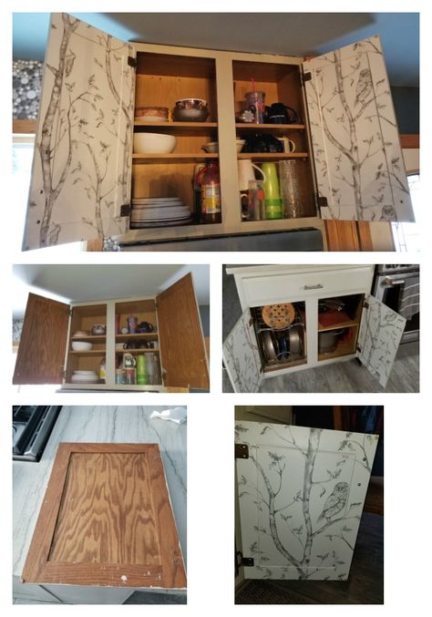 When I got done painting my cabinet (I don't have a sprayer) I was ready to put the doors back on and left the insides alone. I got tired of seeing them and decided to make them pretty. I still didn't want to paint so I decided to get peel and stick wallpaper. My cabinet doors aren't flush so I cut it to fit the outside, smoothed it down, cut the edges of the inside and pushed it in. Then I used some white caulk around the inside rim. Now I love the look when I open my cabinets - hope you do too Cabinet Doors Different Color Than Frame, Wallpaper Inside Cabinets, Kitchen Cabinet Doors Makeover, Kitchen Cabinet Decals, Kitchen Cabinets Repair, Cabinet Door Makeover, Wallpaper Cabinets, Inside Kitchen Cabinets, Cabinet Door Designs