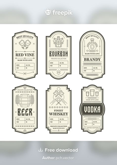 Various vintage alcohol bottle labels | Free Vector #Freepik #freevector #label #arrow #geometric #line Old Label Design, Vintage Liquor Labels, Liquor Label Design, Ticket Design Vintage, Alcohol Label Design, Vintage Alcohol Labels, Label Drawing, Can Packaging Design, Bacon Vodka