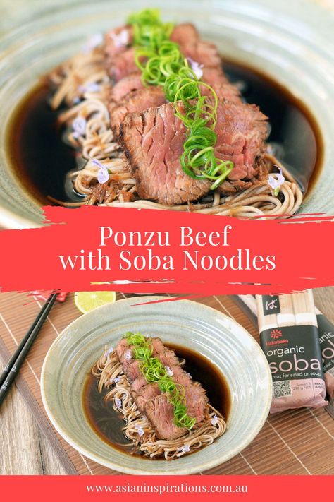 What's the secret to cooking a wonderful Ponzu Beef with Soba Noodles? The firm and smooth mouthfeel of soba noodles sets the tone, and the citrusy scent of Ponzu beef lights up the recipe. Recipe by Asian Inspirations. #japaneserecipe #japanesecuisine #noodles #soba Hot Soba Noodle Recipe, Soba Noodle Recipe, Japanese Rice Dishes, Soba Recipe, Noodles Asian, Garlic Butter Noodles, Yaki Soba, Soba Noodles Recipe, Beef Tataki