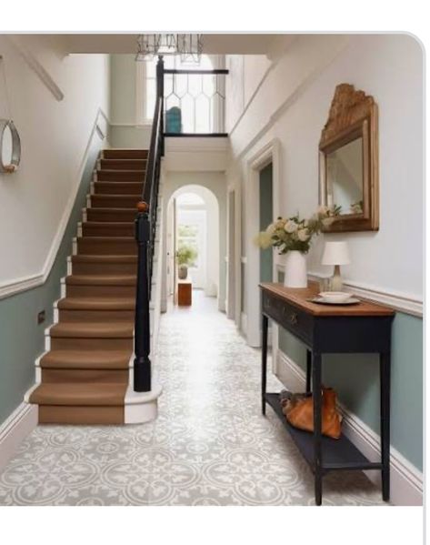 Victorian Terraced Hallways, Pattern Tile Hallway, Hallway Ideas Tiles, Georgian House Decor, Edwardian Hallway Ideas, Victorian Home Entrance, Hallway Floor Tiles Entrance, Vinyl Hallway Flooring, Victorian Hallway Tiles Entrance Halls