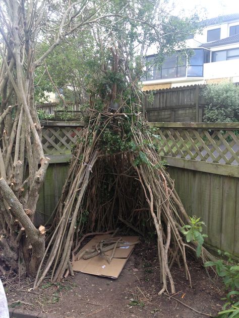 My home made TeePee Just have to wrap the solar fairy lights around it & it's done :) Teepee Fort Outdoor, Homemade Teepee, Bamboo Teepee, Diy Stick Fort Outdoor, Wooden Teepee Playhouse, Climbing Bean Teepee, Garden Tipi, Garden Teepee Trellis Kids, Teepee Outdoor