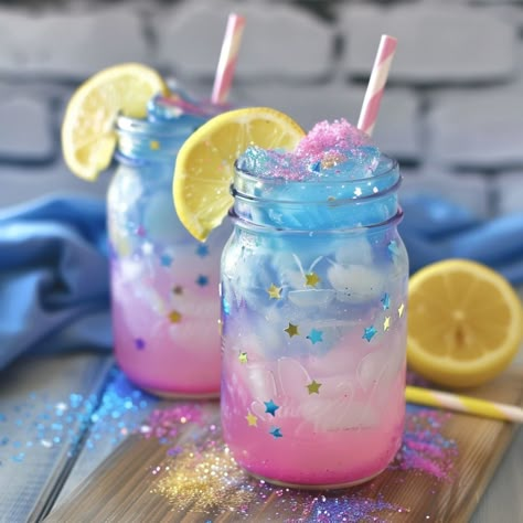 🍋 Add some magic to your day with our Homemade Unicorn Lemonade! 🌈✨ #UnicornLemonade #MagicalDrinks Homemade Unicorn Lemonade Ingredients: Fresh lemon juice (1 cup) Cold water (4 cups) Sugar (3/4 cup) Blue food coloring (2 drops) Pink food coloring (2 drops) Ice cubes Edible glitter (optional, for garnish) Instructions: In a large pitcher, mix lemon juice, cold water, and sugar until dissolved. Divide lemonade into two separate pitchers. Add blue food coloring to one pitcher and pink food... Fun Lemonade Drinks, Candy Drinks Nonalcoholic, Fairy Drinks, Purple Milkshake, Unicorn Lemonade, Lemonade Ingredients, Blue Lemonade, Blue Drink, Iced Drinks Recipes