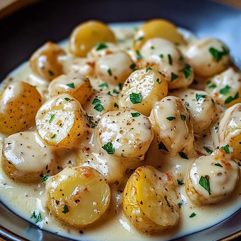 Bloomin Potato Recipe, Potato Salad Sauce, New Potatoes And Gravy, Potato Diced Recipes, Potatoes And White Sauce, Creamy Mini Potatoes, Instant Pot Small Potatoes, The Best Potatoes Ever, Recipes Using Cooked Potatoes