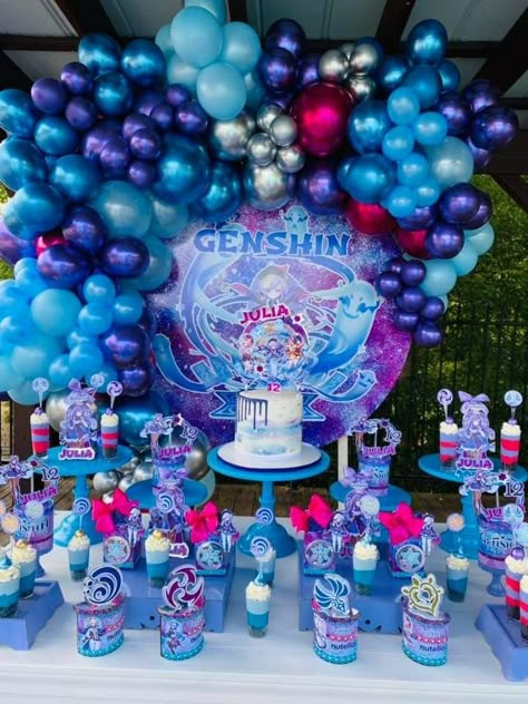 Genshin Impact Birthday Party Ideas, Genshin Impact Birthday Theme, Genshin Birthday Party, Scaramouche Birthday Cake, Genshin Impact Party Ideas, Genshin Birthday Cake, Genshin Impact Birthday Party, Genshin Impact Cake, Genshin Impact Birthday