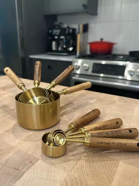 Found a cute new set of gold measuring cups and spoons to replace the plastic ones I’ve had for 8 years 🙃 These were at Amazon find! #kitchenfinds #bakingessentials Gold Measuring Cups, Measuring Cups And Spoons, Copper Cups, Spoon Collection, Lunchbox Ideas, Baking Essentials, Cutlery Set, Measuring Spoons, Kitchen Items