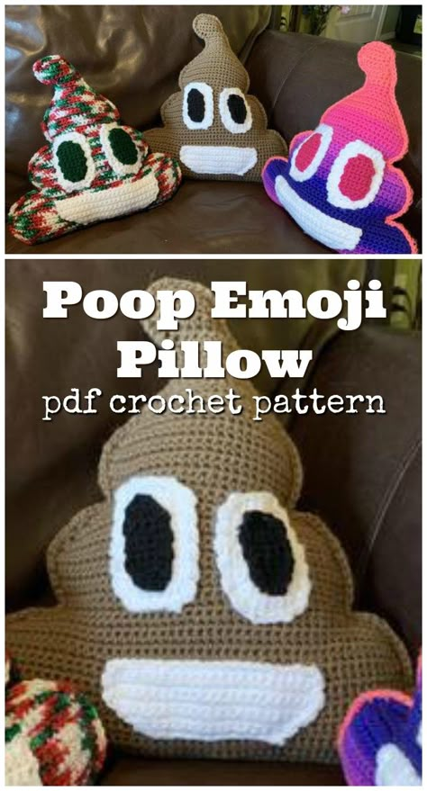 LOL Poop emoji crochet pillow pattern! My kid would love this! But I'm not sure I want one in my house! Hilarious, though! Fun handmade gift idea for a teen. #crochet #pattern #poopemoji #poop #crochetpillow #cushion #handmadepillows #teengift #handmadeteengift #crochetteengiftideas #crochetpattern #yarn #crafts #craftevangelist Crochet Support Pillow, Crochet Poop Emoji Pattern, Smiley Face Crochet Patterns, Crochet Poop Emoji Pattern Free, Poop Emoji Crochet Pattern Free, Crochet Animal Pillow, Crochet Poop, Crochet Gifts For Kids, Crocheted Cushions