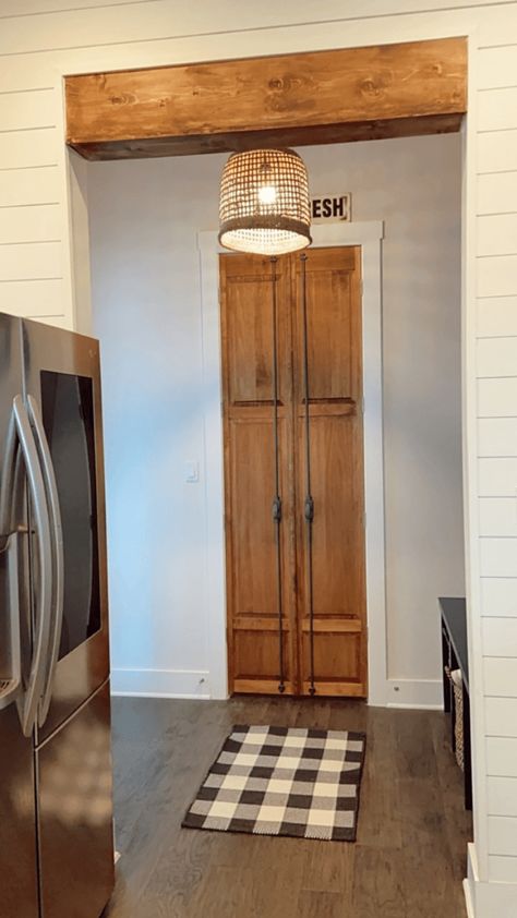 Narrow French Door Pantry, Bifold Doors For Pantry, Mini French Doors For Pantry, Double Swinging Pantry Doors, Double Wood Pantry Doors, Pantry With Folding Doors, Bifold Basement Door, Pantry Door That Looks Like Cabinets, Faux Pantry Door