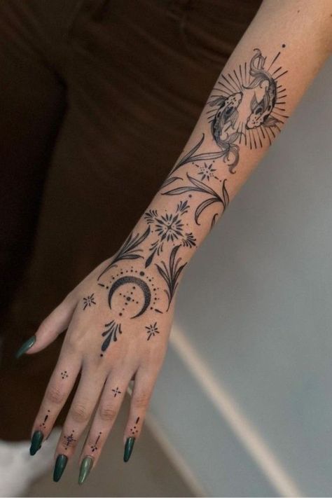 Whimsical Tattoos Arm, Boho Arm Tattoo, Creative Hand Tattoos, Hand And Arm Tattoos, Sleeve Tattoos Arm, Twist Tattoo, Small Feminine Tattoos, Witchy Tattoos, Earthy Tattoos