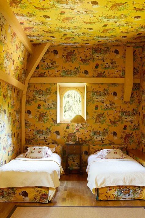 Wes Anderson Decor, Wes Anderson Inspired, French Country Estate, French Estate, Inspired Wallpaper, Twin Beds, Inspirational Wallpapers, Wes Anderson, Pierre Frey