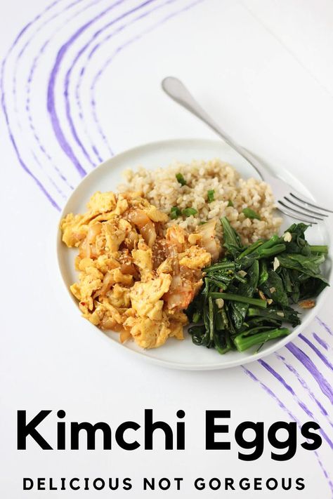 White plate filled with steamed rice, kimchi and scrambled eggs, and sauteed greens. There's a metal fork resting on the plate's edge. Radish Kimchi, Rice And Vegetables, Eggs Dinner, College Meals, Carb Free, Gluten Free Rice, Quick Meal, Egg Dish, Meatless Monday