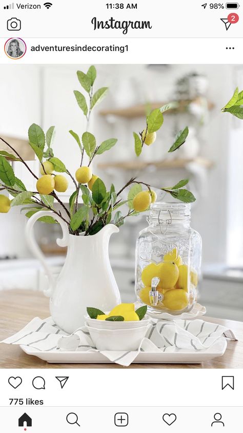 Summer Hutch Decor, Conservatory Room, Round Table Centerpiece, Lemon Vase, Decorate For Spring, Summer Farmhouse Decor, Kitchen Countertop Decor, Lemon Kitchen Decor, Yellow Kitchen Decor