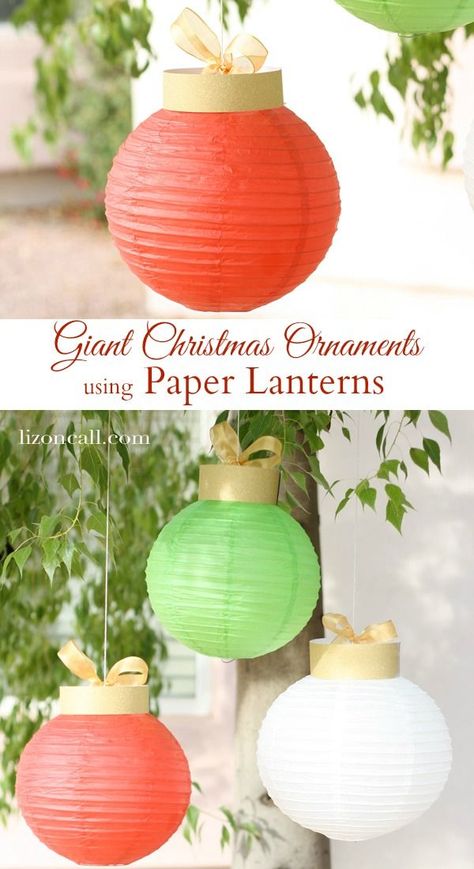 These giant Christmas ornaments are so simple to make using paper lanterns and some gold scrapbook paper. - lizoncall.com Giant Christmas Ornaments, Lantern Christmas, Candy Land Christmas Decorations Diy, Candy Land Christmas Decorations Outdoor, Christmas Float Ideas, Party Candy, Christmas Decorations Diy Outdoor, Office Christmas Decorations, Candyland Decorations