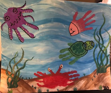 Sea Animals Handprint Art, Starfish Handprint Craft, Sea Creature Handprint Art, Under The Sea Handprint Art, Handprint Sea Creatures, Handprint Painting, 1st Grade Crafts, Kids Canvas Painting, Dad Crafts