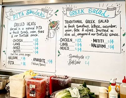 Greek Food Truck, Coffee Chalkboard, Small Whiteboard, Traditional Greek Salad, Greek Pita, Drawing Acrylic, Menu Food, Tzatziki Sauce, Greek Food