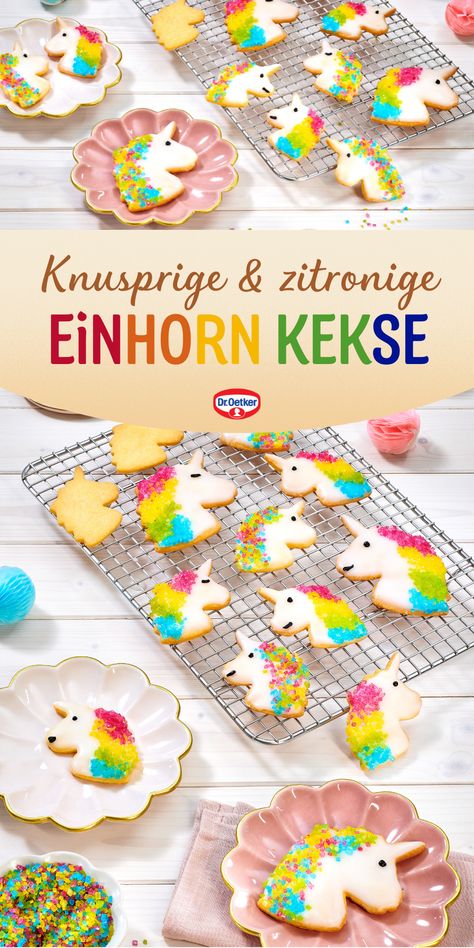 Knusprig, zitronige Einhorn Kekse aus Mürbeteig mit kunterbunten Kristallen. Dr. Oetker Rezepte, Einhorn Kekse Rezept, Einhorn Kekse verzieren, Kindergeburtstag Ideen, Rezepte zum Kindergeburtstag, bunte Rezepte, Keks Rezepte, Einhorn Rezepte, Einhorn Geburtstag, Einhorn Party Essen, Regenbogen Geburtstag Jam, Muffins