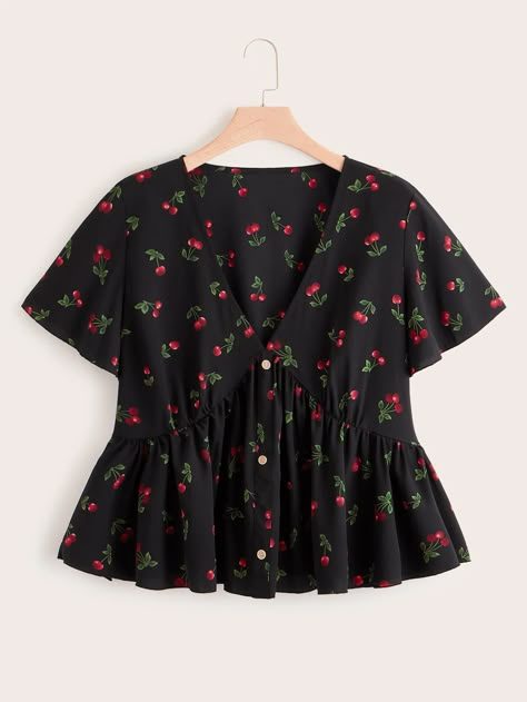 Cherry Print Button Front Peplum Blouse $12 // SHEIN Ruffle Hem Blouse, Fashion Tops Blouse, Trendy Dress Outfits, Blouse Sale, Trendy Fashion Tops, Hem Blouse, Tops Blouse, Peplum Blouse, Cherry Print