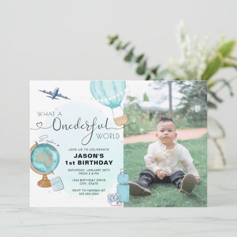 Blue ONEderful World Photo 1st Birthday Invitation Adventure Birthday Party, Around The World Theme, Birthday Party Design, Birthday Themes For Boys, 1st Birthday Invitation, First Birthday Party Themes, Blue Boy, Kids Party Supplies, World Photo