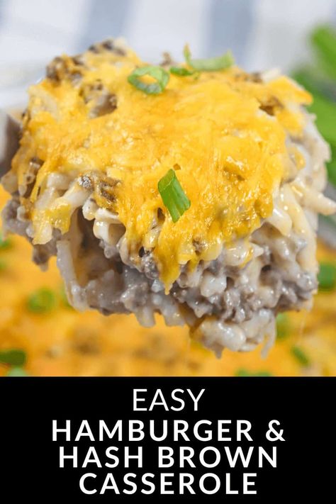 Hamburger and Hash Brown Casserole is a blend of cheese, hashbrowns & beef, and takes just 15 minutes to prep the best weeknight dinner. Ground Beef And Frozen Hashbrown Recipes, Recipes With Frozen Shredded Hash Browns, Hash Brown Hamburger Casserole, Recipes Using Frozen Hashbrowns, Hashbrown Dinner Recipes, Cheeseburger Hashbrown Casserole, Beef Hashbrown Casserole, Hash Brown Recipes, Cheese Hashbrowns