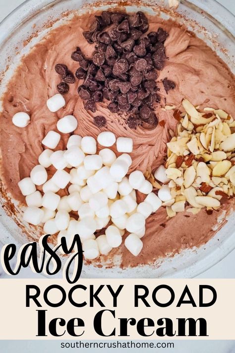 Creamy Rich Rocky Road Ice Cream Recipe Easy Ice Cream Recipes For Ice Cream Maker, Rocky Road Ice Cream Recipes Machine, Crux Ice Cream Recipes, Homemade Ice Cream With Kitchenaid Mixer, Rocky Road Ninja Creami, Cuisine Art Ice Cream Maker Recipes, Rocky Road Ice Cream Recipe, Ninja Creami Rocky Road Ice Cream, Stand Mixer Ice Cream Recipes