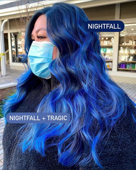 Content description: A person wearing a face mask, they have long blue hair and are wearing a black jacket. Long Blue Hair, Blue Hair Color, Pulp Riot Hair Color, Pulp Riot Hair, Hair Color Formulas, Pulp Riot, Hair Color Blue, Blue Hair, The Artist