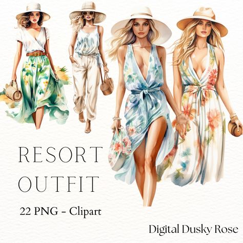 Summer Resort Outfit Clipart - Elegant Fashion Illustrations for Vacation & Beach Designs https://digitalduskyrose.etsy.com/listing/1725732081 🌞✨ Dive into the elegance of summer with our "Summer Resort Outfit Clipart Set" – the perfect collection to enhance your creative projects with a touch of sun, sand, and sophisticated style! Whether you're designing party invitations, updating your blog, or creating eye-catching graphics for your small business, our meticulously crafted clipart have ... Summer Resort Outfits, Summer Clipart, Resort Outfit, Cards Art, Beach Design, Fashion Illustrations, Vacation Beach, Fancy Dresses, Sophisticated Style