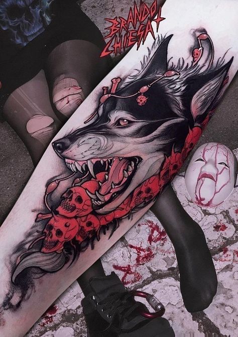 Female Tattoo Designs, Fenrir Tattoo, Gotik Tattoo, Wolf Tattoo Design, Creepy Tattoos, Inspiration Tattoos, Tatuaje A Color, Tattoo Style Drawings, Dark Art Tattoo