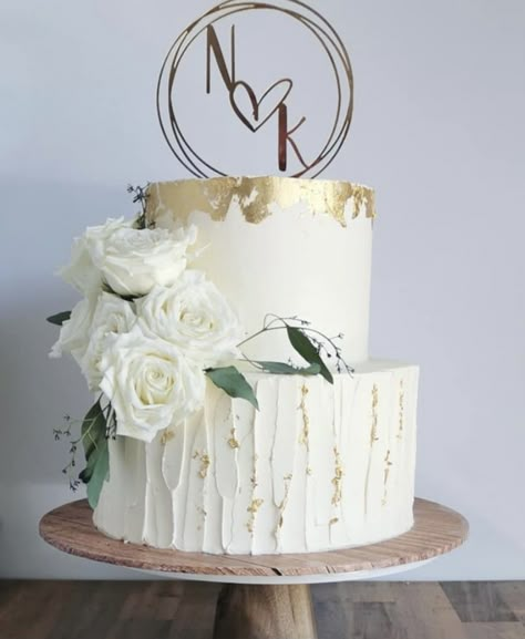 White Wedding Cake With Gold Accent, Double Layer Wedding Cake, Engagement Cake White And Gold, Modern Two Tier Wedding Cake, 2 Tier Wedding Cake Simple, Wedding Cace, White And Golden Cake, 2 Layer Wedding Cake, Engagement Cake Designs Unique