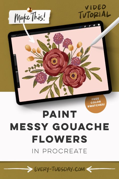 Are you an artist, illustrator, or graphic designer looking to try out digital gouache on your iPad? Whether you’re an experienced Procreate user or just starting out, this tutorial will show you how to create beautiful, messy gouache flowers in Procreate. Head over to the full tutorial to learn about digital gouache and create a stunning composition with a free color palette + composition template! 🖌️ Procreate Drawing Ideas Beginner Flowers, Gouache Flowers Tutorial, Flowers In Procreate, Composition Template, Procreate Classes, Color Palettes Procreate, Procreate Flowers, Digital Gouache, Patterns Procreate