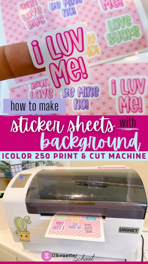 How to Make Sticker Sheet with Background (iColor 250 Print and Cut Sticker Machine) | Silhouette School Blog Silhouette School Blog, Make Stickers, Sticker Machine, Silhouette School, Silhouette Cameo Tutorials, Free Silhouette, How To Make Stickers, Sticker Maker, Background Check